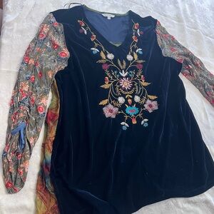 John Mark Navy Velvet Blouse with Floral Embroidery